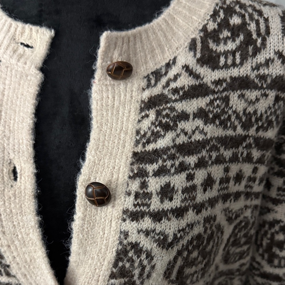 Nicole Miller Cream and Brown Pumpkin Patterned Button-Front Cardigan - Picture 2 of 3